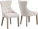 BTEXPERT BB5109-2 High Back Tufted Parsons Upholstered Padded Dining Room Chairs Side Solid Wood Accent Nail Trim Two Pack, Ivory Beige Linen Fabric