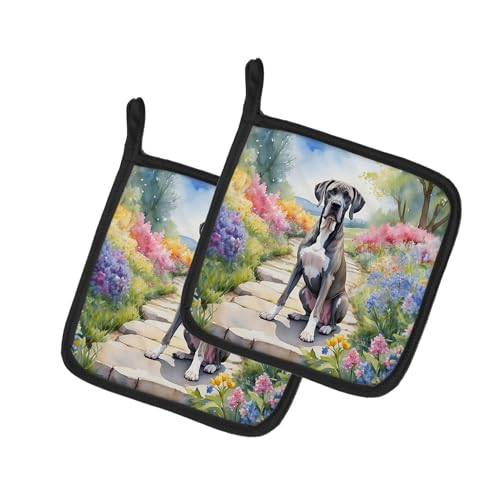 Caroline's Treasures Great Dane Spring Path Pair of Pot Holders Kitchen Heat Resistant Pot Holders Sets Oven Hot Pads for Cooking Baking BBQ, 7 1/2 x 7 1/2