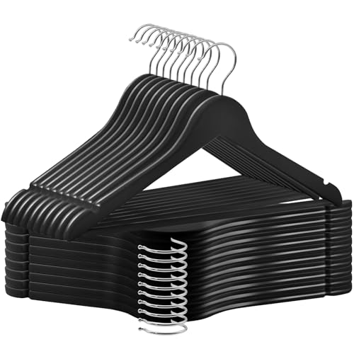 ABHENG 30 Pack Wooden Coat Hangers, 360° Swivel Hook, Suit Hangers with Anti-Slip Notches, Clothes Hangers for Jackets, Shirts, Dress, Black UAWY0530B