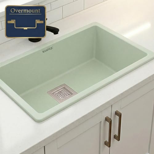 Image of BASINQU Quartz Sink for Kitchen | 24x18x9 Inches Sand-Choco Single Bowl Kitchen Sink | Granite UV Protected Scratch Resistant, Undermount /Topmount Kitchen Sinks