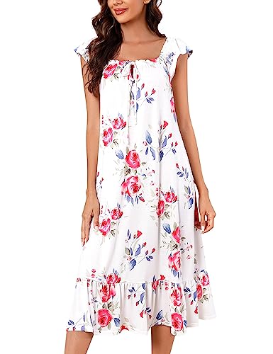 Kidlove Nightgowns for Women Sleeveless Long House Dress Floral Print Sleepwear Soft Pajama Dress for Women White 2XL