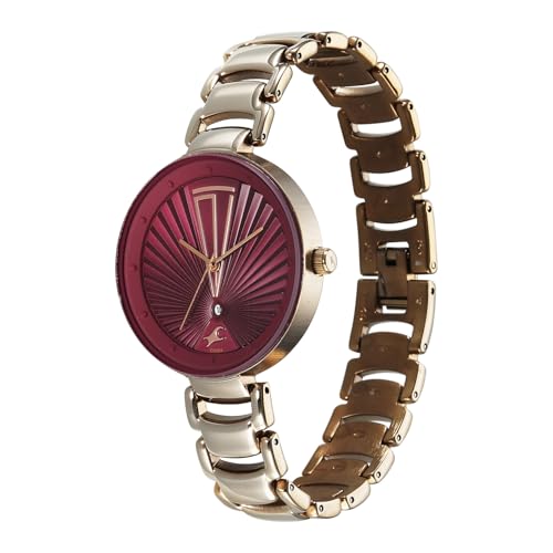 Image of Fastrack Chrome K Quartz Analog with Maroon Dial Titanium Brass Solid Strap Watch for Women - 6216QM03
