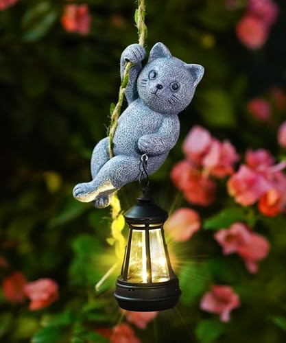 Acgarten Solar Climbing Cat Garden Statues for Outdoor: Outside Hanging Tree Wall Sculpture Lantern Decor for Yard Lawn Porch Patio Balcony Decorations Gifts for Grandma Mom Women