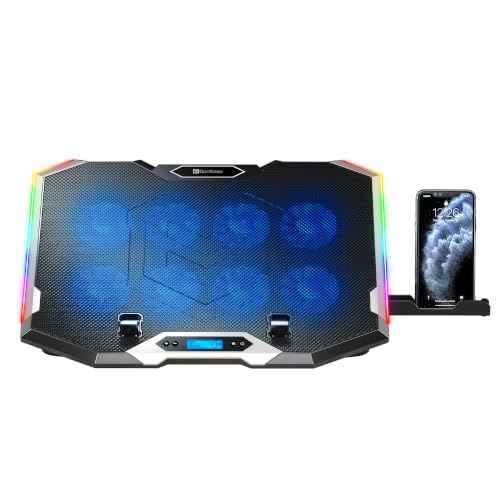 Image of Bonkaso RGB Laptop Cooling Pad with 8 High-Speed Fans, 10 RGB Modes, Smart LED Display, 6-Level Adjustable Stand, Detachable Phone Holder, Dual USB Ports, Iron Mesh, Quiet Operation