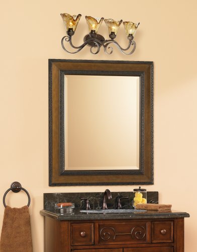 Image of Franklin Iron Works Amber Scroll Rustic Vintage Wall Mount Light Golden Bronze Silver Metal 29 1 /2 inch Wide 4-Light Vanity Fixture Organic Art Glass Shades Decor for Bathroom Over Mirror House Home