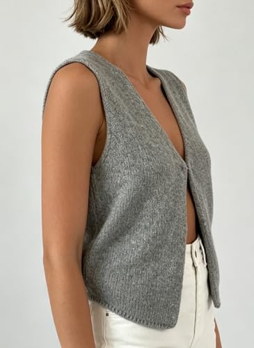 Image of Womens Vintage Knittd Tank Y2k Vest Crop Top Sleeveless V-Neck Open Front Button Crochet Knit Vests Versatile Tops