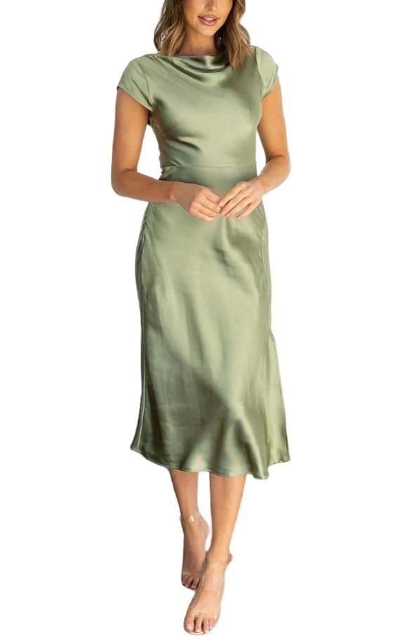 Kleider Damen Sommer,Damen-Satinkleid Solide Modisches Midi-Skaterkleid Ärmellos Rundhalsausschnitt Elegante A-Linie Fließendes Kleid Sommer Sexy...