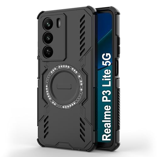 Image of amazon basics Back Case Cover for Realme P3 Lite 5G | Magnetic Case with Built-in Metal Ring | Supports MagSafe Charger, Wallet & Car Mount | Shockproof Hybrid PC + TPU | Black