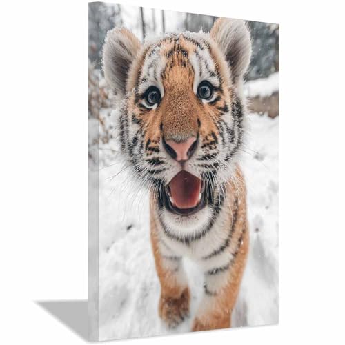 Toile de tigre des neiges encadrée 70x100cm pour créer un salon chaleureux