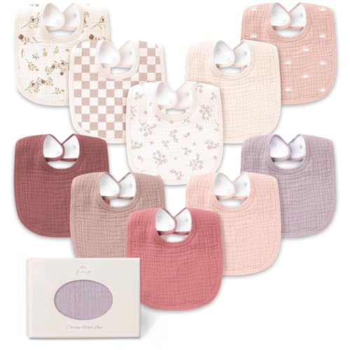 Konssy 10-Pack Muslin Baby Bibs, Soft Cotton Bandana Bibs for Drooling & Teething, Unisex Solid Colors for Boys & Girls, Newborn & Infant, Perfect...