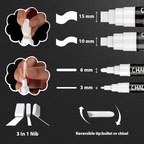 GAINWELL 4er Pack Weiße Kreidemarker - Reversible Jumbo- und Feinspitzen - 3mm, 6mm, 10mm, 15mm - Verwendung auf Kreidetafel, Whiteboard, Glas