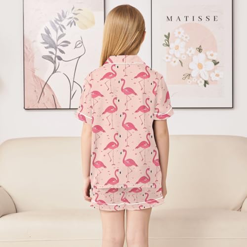 Gorgeous Pink Flamingo Pattern Summer Satin Pajama Set, Cute Button-Down Sleepwear Pj Set for Sleep Wears4