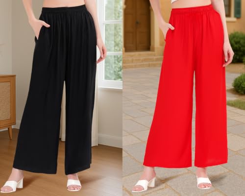 Image of Buy That Trendz Palazzo Pants for Women Rayon Elasticated Regular Fit Flared Wide Leg M to 6XL Pack of 2
