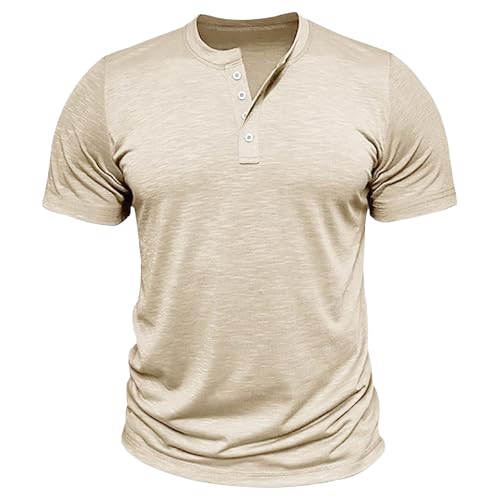 Men Quarter Button Tight Henry Shirt Short Sleeve Round Collar Thin T Shirt Summer Classic Cozy Breathable Tops (Apricot,Large)