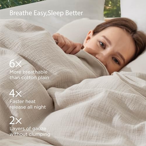 Image of Bedsure Muslin Duvet Cover Queen Size - Cotton Blend Viscose Derived from Bamboo, Cooling Duvet Cover for Hot Sleepers, PureWoven Ultra-Soft & Breathable Bedding Set for All Seasons (Linen, 90 inchx90 inch)