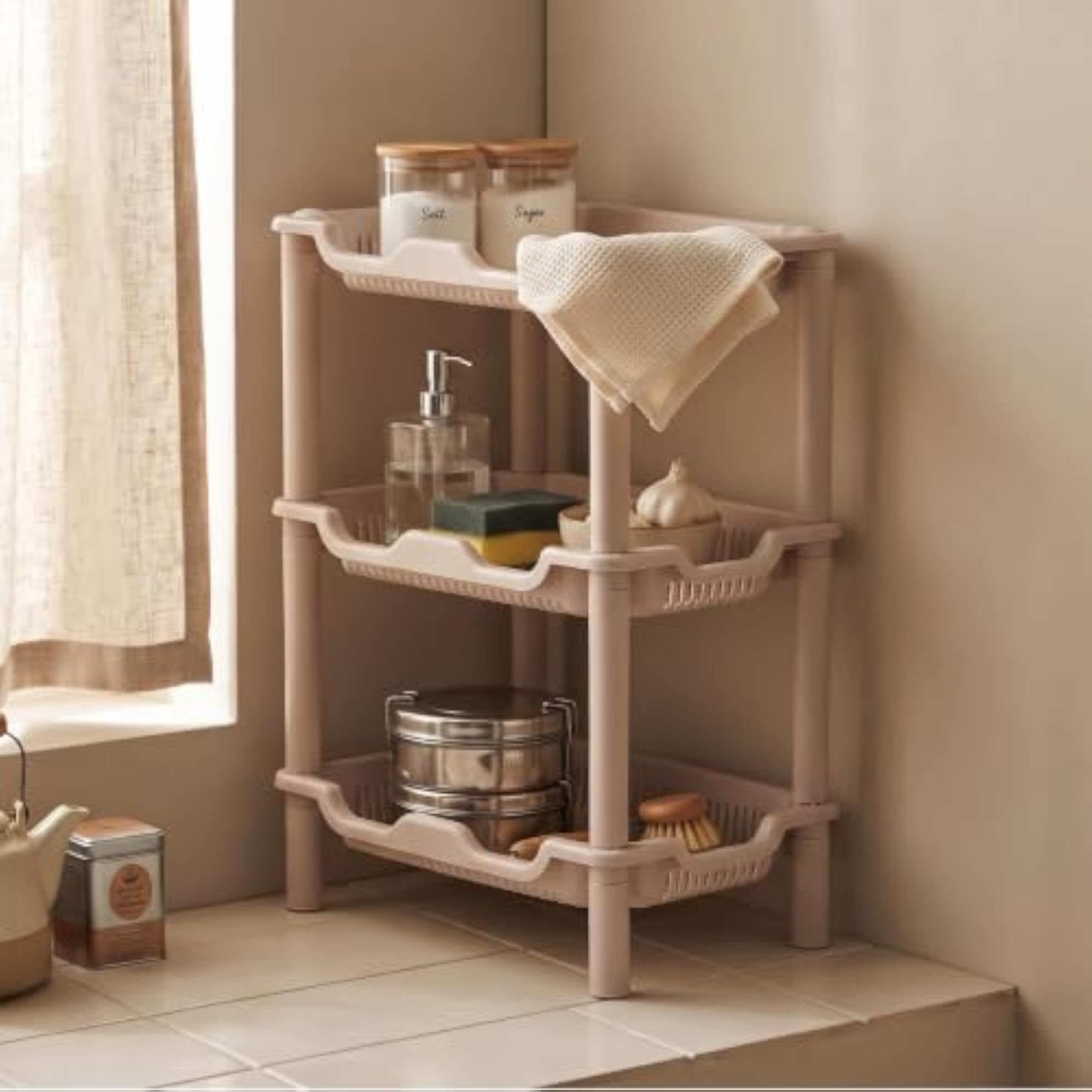 3-Layer Multipurpose Plastic Kitchen Storage Rack, Durable Shelf
