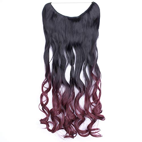 Miss Elegant 22'' Hairpieces Hidden Invisible Wire in Synthetic Hair Extension Not Clip in Hair Extensions Secret Miracle Wire Hair Piece with Fish Line Headband Long Curly Wavy Hair (Black/Wine Red)