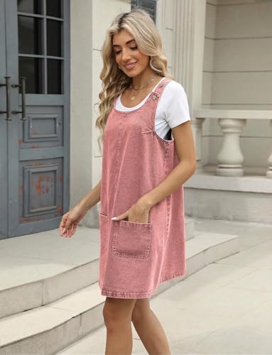 Image of Xaspee Denim Overall Dress for Women Casual Mini Sleeveless Jean Vintage Jumper Skirt Dress with Pockets