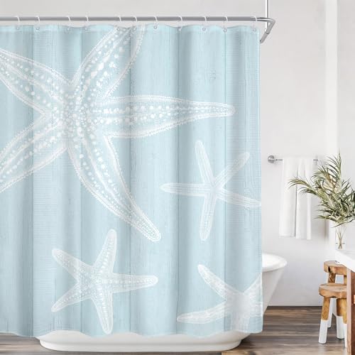 AMBZEK Beachy Shower Curtain Blue Coastal Beach Starfish Farmhouse Nautical Barn 60Wx72L Inch Wooden Plank Ocean Vintage Pastel Rustic Country Cloth Fabric Polyester Bathroom Decor Set 12 Pack Hooks