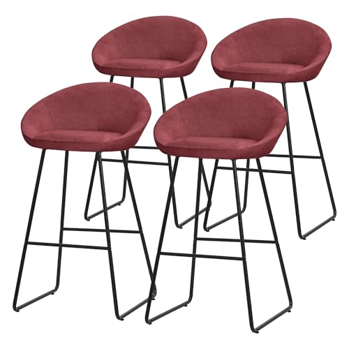 ML-Design Lot 4 Tabourets de Bar en Tissu Rouge, Hauteur 75 cm, Chaises de Comptoir Rembourrées, avec Dossier et Repose-Pieds, Piètement Métal Robuste,...