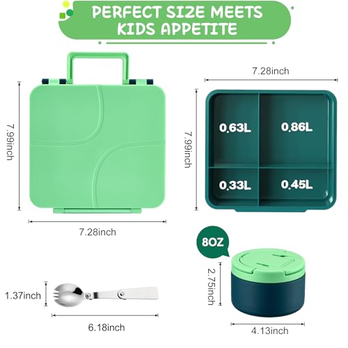 MAXSO Bento Lunch Box Set for Kids with 8 oz Soup Thermo, Leakproof Hot Food Container with 4 Compartments, Insulated Food Jar for Toddler Daycare Boys Girls School - Green by MAXSO - Image 6