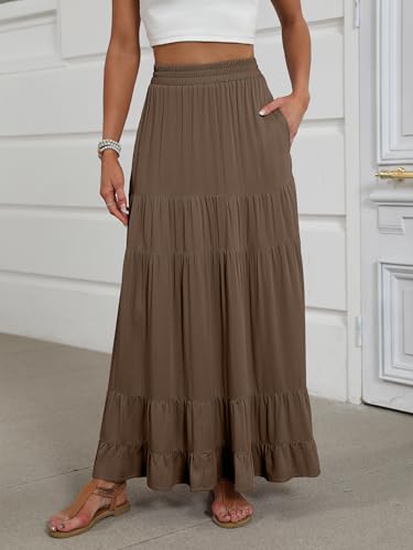 Image of ANRABESS Womens Maxi Skirt Elastic High Waist Swing Tiered A-line Flowy Pleated Boho Beach Vacation Long Skirts