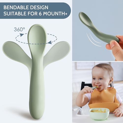 Image of 6 Pack Baby Spoons, First Stage Spoons, Shorter Length for Self Feeding, 6+ Months, Baby Training Spoons, Food Grade Silicone, Dishwasher Safe & Boil-proof