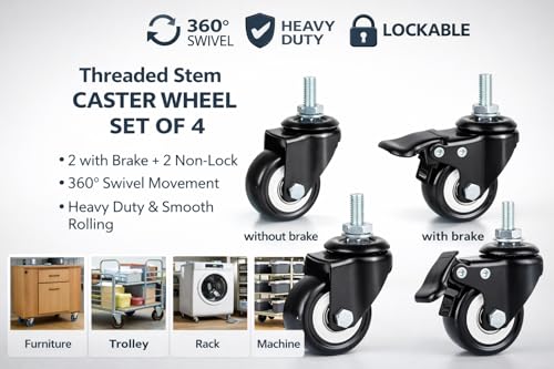 Image of Heavy Duty Castor Wheels Furniture | Set of 4 Heavy Duty Caster Wheels with Brake & Without Brake | M10 Threaded Stem Swivel Castor Wheels | 360 Rotation | Trolley,