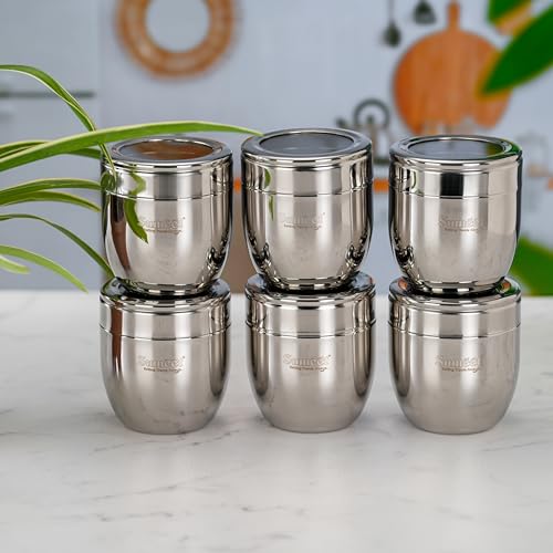 Image of Sumeet Stainless Steel Conical Shape Canisters /Dabba /Storage Containers for Kitchen with See Through Lid, Set of 6 Pcs, 400ml Each, 8.5cm Dia, Silver