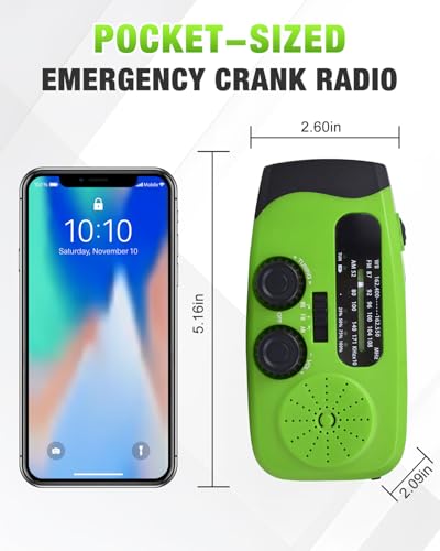 Image of Hand Crank Radio with AM /FM /NOAA Weather Bands,for Emergencies, Camping | 3 LED Flashlights,SOS Function,Solar Powered,Hand Cranked, 2000mAh /7400mWh Charger,for Power Outage - Green
