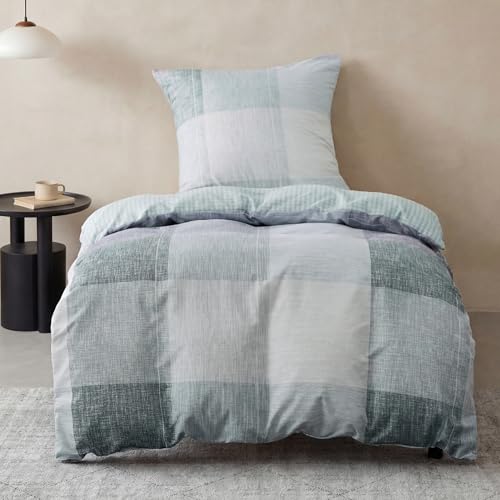 BEDSURE Juego de ropa de cama 135x200 2 piezas Funda nórdica - Juego de ropa de cama 135 x 200 cm con funda de almohada 80x80 cm, ropa de cama reversible Bedding azul a cuadros con estampado de