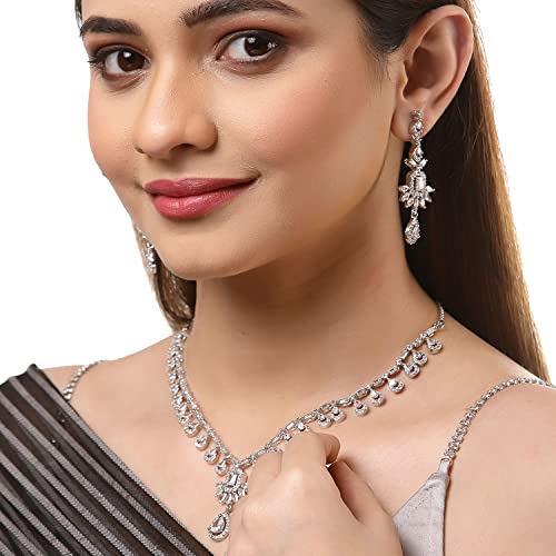 Elegant Rhodium Plated Necklace Set with American Diamond Studs