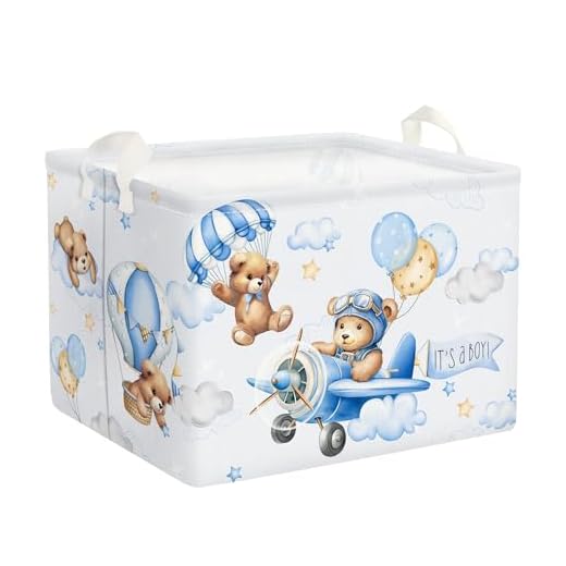 Clastyle Cesta de chuveiro azul com urso piloto de 36 L, cesta de presente para quarto de criança, berçário, piscina, brinquedo, toalha de livro, cesta com alça, dobrável, retangular, grande cesta de