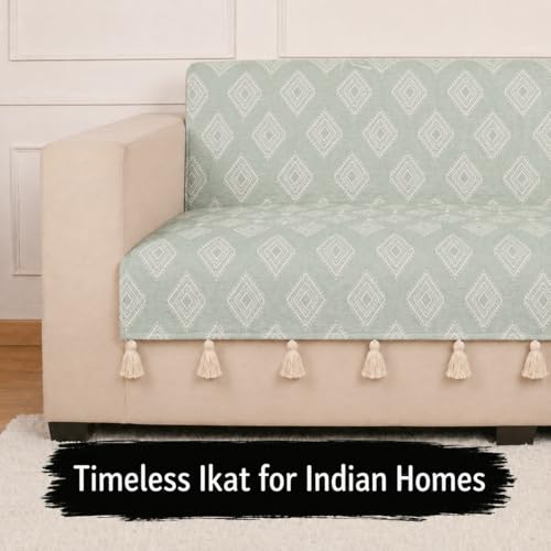 Image of STITCHNEST 'Verdant Rekhika Stories' 2 Seater Sofa Cover - Full Coverage| Elegant Jacquard Fabric, Decorative Tassels, Washable & Durable for Modern Living