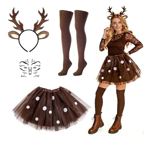 Déguisement Renne Femme, Jupe Tutu avec Serre Tete Cerf, Chaussettes et Tatouage Facial, Costume de Chevreuil pour Femme, Déguisement Animaux Adulte, Deguisement Cerf pour Halloween Carnaval Cosplay