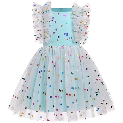 IBTOM CASTLE Baby Girl Blue Dress: Flower Girl Dress Toddler Sequin Birthday Cake Smash Infant Ruffled Polka Dots Embroidered Wedding Dance Evening Ball Gown for Easter Baptism Formal Blue 5-6 Years Cover