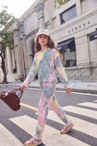 Image of Arshiner Girls 2 Piece Outfits Kids Tie Dye Sweatsuits Set Long Sleeve Shirt and Pants Set Size 5-14 Y