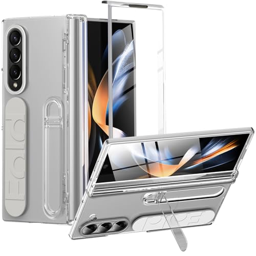 Miimall Kompatibel mit Samsung Galaxy Z Fold 4 Hülle mit Handschlaufe [Abnehmbare Ständer] [Displayschutz+Scharnierschutz] All Inclusive Kratzfest Stoßfest Silikon Handyhülle für Z Fold 4-Klar