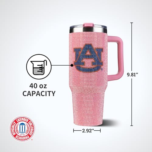 Image of The Memory Company NCAA Pink Bling 40oz Stainless Steel Water Tumbler, Double Wall Vacuum Insulated Game Day Bottle, Rhinestone Design with Handle Lid and Straw