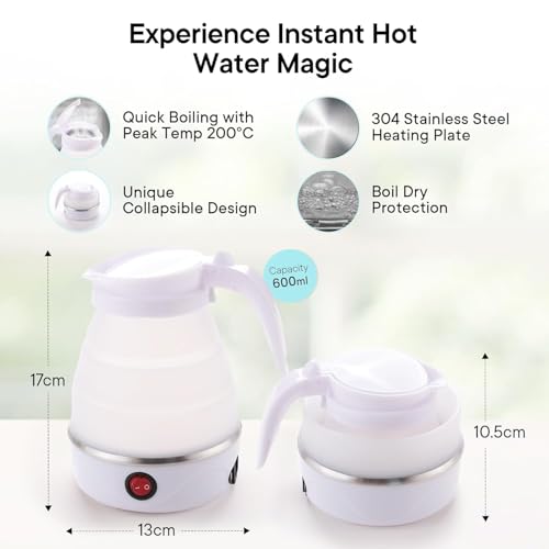 Image of Foldable Electric Water Boiler Kettle, Collapsible Silicone, Portable Travel Design, White
