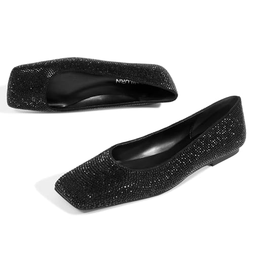 Image of Flats for Women Rhinestone Square Toe Glitter Sparkly Comfortable Dress Bridal Ladies Wedding Shoes