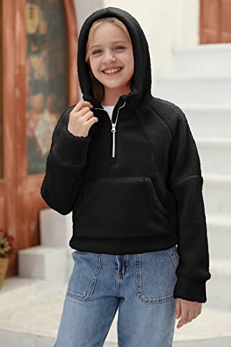 Girls Fleece Pullover Hoodies Half Zipper Sherpa Hooded Crop Zip Up Jacket Coats With Pockets 5-12 Years Black #TOP2