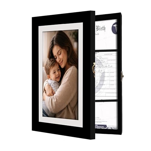 Image of Wooden Document Photo Frame with Storage, Certificate Holder Frame for Wall Mount & Tabletop | Memory Frame for Birth Certificate, Awards & Photos | Premium Finish ( Black, Size 9.2X12.6 Inch )