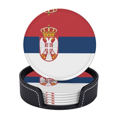 Lot de 6 sous-verres ronds en cuir avec drapeau de la Serbie 10 cm