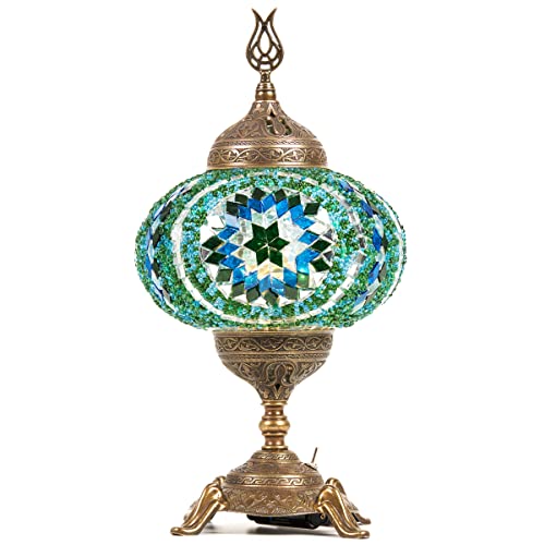 Demmex (15 Colors) Battery Operated Mosaic Table Lamp With Built-In Led Bulb, Turkish Moroccan Handmade Desk Bedside Mood Accent Night Lamp Light Lampshade ,No Cord (Teal) #TOP4
