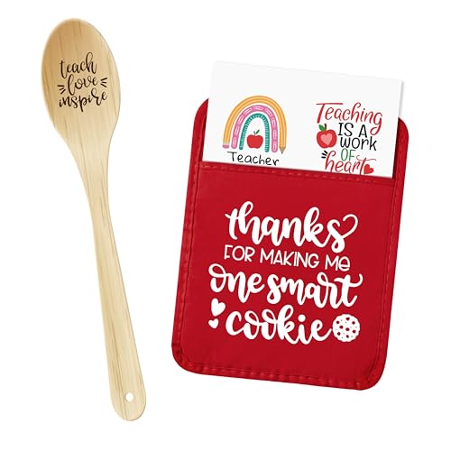 GROBRO7 3Pcs Teacher Thank You Gift Pot Holder with Laser Engraved Wood Spoon Greeting Card Thanks for Making Me One Smart Cookie Heat Resistant Hot Pad Back to School Teachers Appreciation Week Gifts