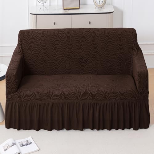 Image of HOKIPO 2 Seater Sofa Cover with Frill - 240 GSM Premium Jacquard Stretchable Fully Covered Slipcover, 'Serene Wave Series' Dark Chocolate (AR-6353-DCHOC)