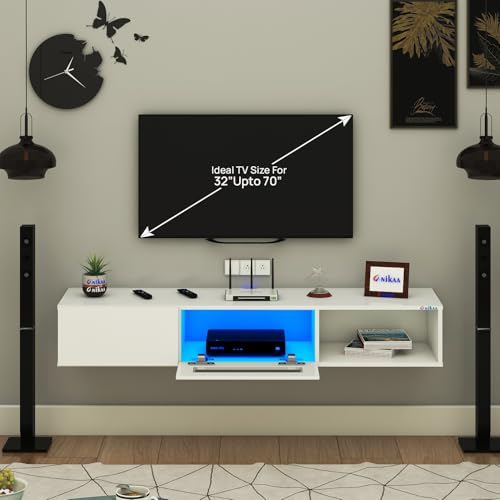 Image of Anikaa Strix Wall Mount Modern Floating TV Unit for Living Room with 3 Storage Cabinet & Blue LED Light (Ideal for 32 to 55 inch TV, DIY Installation, White Finish)