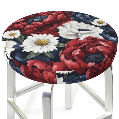 Watercolor Peonies Deep Red Blue White Round Bar Stool Cover Waterproof Stool Slipcover Anti-Slip Seat Cover Cushion 13 Inch