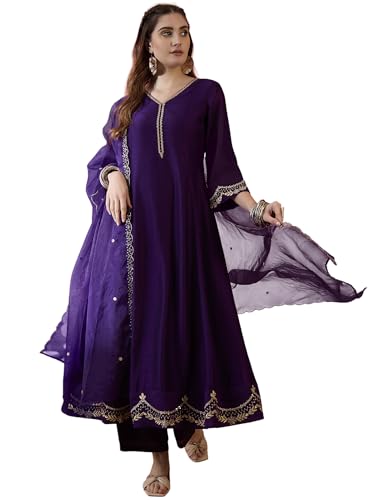 Image of Amazon Brand - Tavasya Women Vichitra Zari Sequence Embroide Kurta with Pant and Dupatta|Kurta Set|Ethnic Wear|Salwar Suit|3 Piece Set